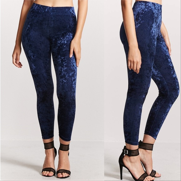NAVY BLUE CRUSHED VELVET LEGGINGS - Picture 2 of 2